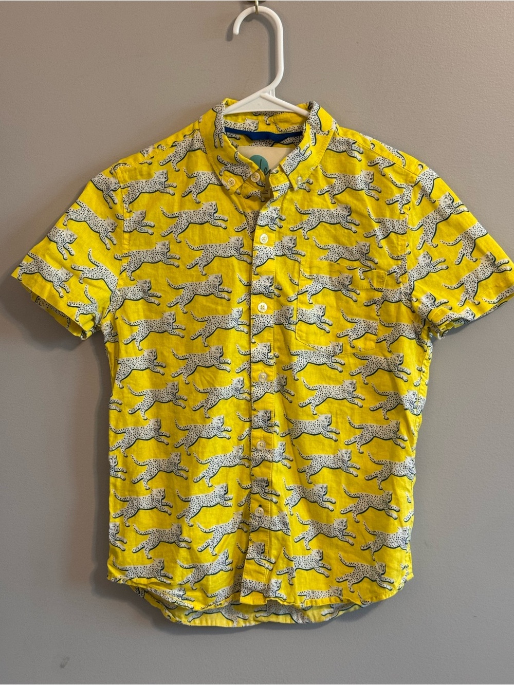 Boden Boys Yellow Cheetah‎ Print Linen Blend Button Shirt 11-12Y